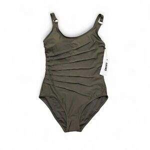 DKNY Womens Olive Green Ruched One Piece Swimsuit Tummy Control Size M D14MS064